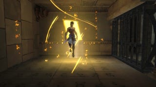 A hero shot of the hero of Prince of Persia: The Lost Crown, floating in the air while backlit by a block of light.