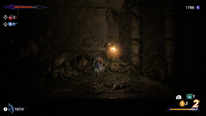 The hero navigates a dark sewer with a glowing orb to help in Prince of Persia: The Lost Crown