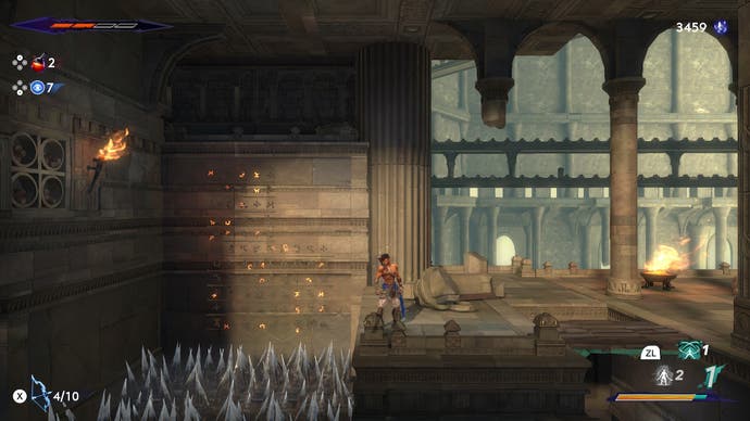 A spike pit stands before the hero in a stone crypt in Prince of Persia: The Lost Crown
