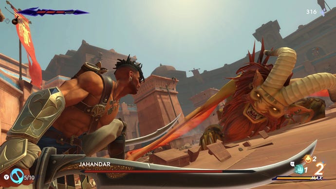 Sargon crouches after dealing a big blow to a manticore boss in Prince Of Persia: The Lost Crown