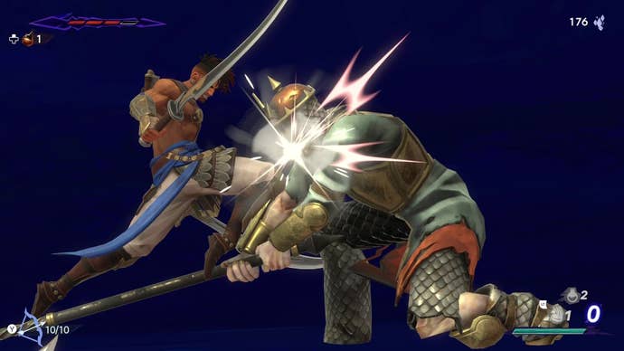 Sargon parries a large soldier in Prince Of Persia: The Lost Crown