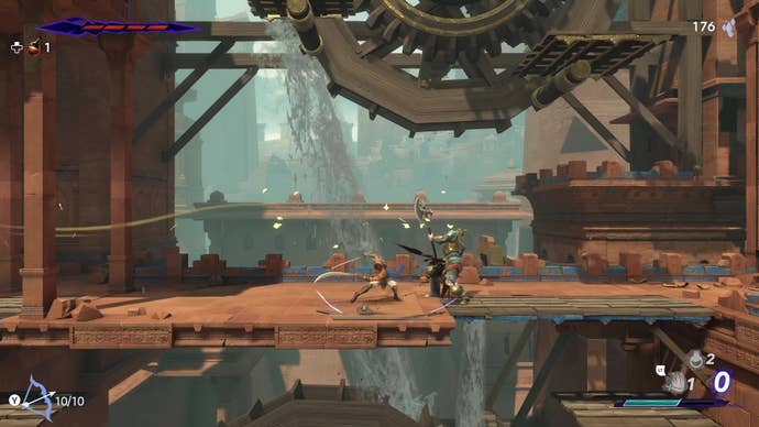 Sargon slices a monster beneath a large water wheel in Prince Of Persia: The Lost Crown