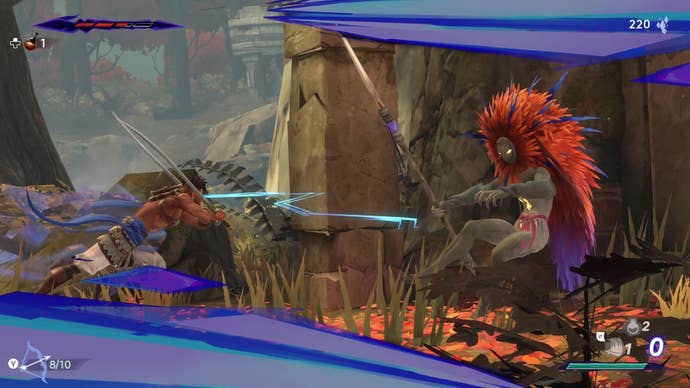 Sargon parries a forest creature in Prince Of Persia: The Lost Crown