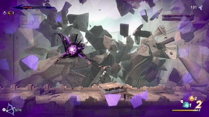 Sargon encounters a purple temporal anomaly in a ruined city in Prince Of Persia: The Lost Crown