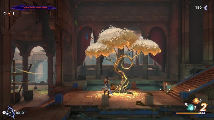 Sargon looks at a golden Wak Wak tree in Prince Of Persia: The Lost Crown