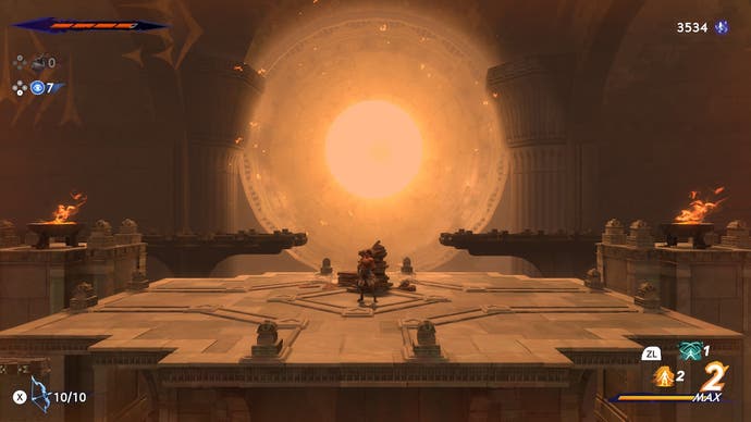 The hero stands on a rooftop with a huge glowing orb above them in Prince of Persia: The Lost Crown