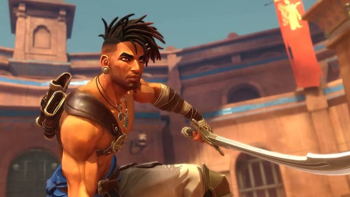 Prince of Persia: The Lost Crown trailer screenshot showing prince crouching while holding out curved sword