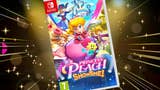 Princess Peach box cover in front of a spray of gold sparkles from the Princess Peach Showtime game