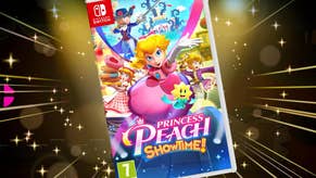 Princess Peach box cover in front of a spray of gold sparkles from the Princess Peach Showtime game