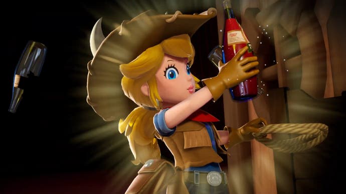 Cowgirl Peach grabs a bottle in Princess Peach: Showtime! trailer