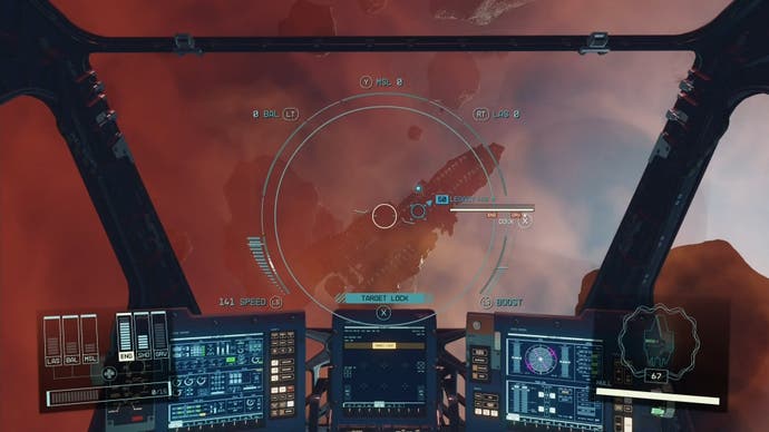 ship first person view of selecting to dock the legacy ship floating in space surrounded by red mist