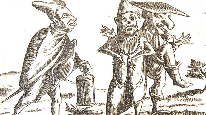 An etching of three monstrous humanoid figures cavorting together