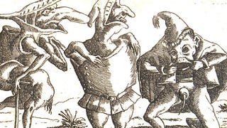 An etching of three monstrous figures in misfitting armour