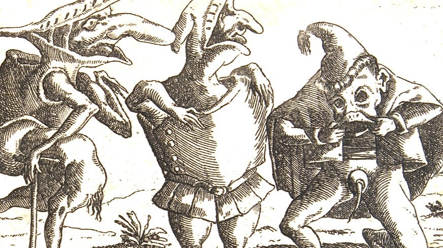 An etching of three monstrous figures in misfitting armour - 1