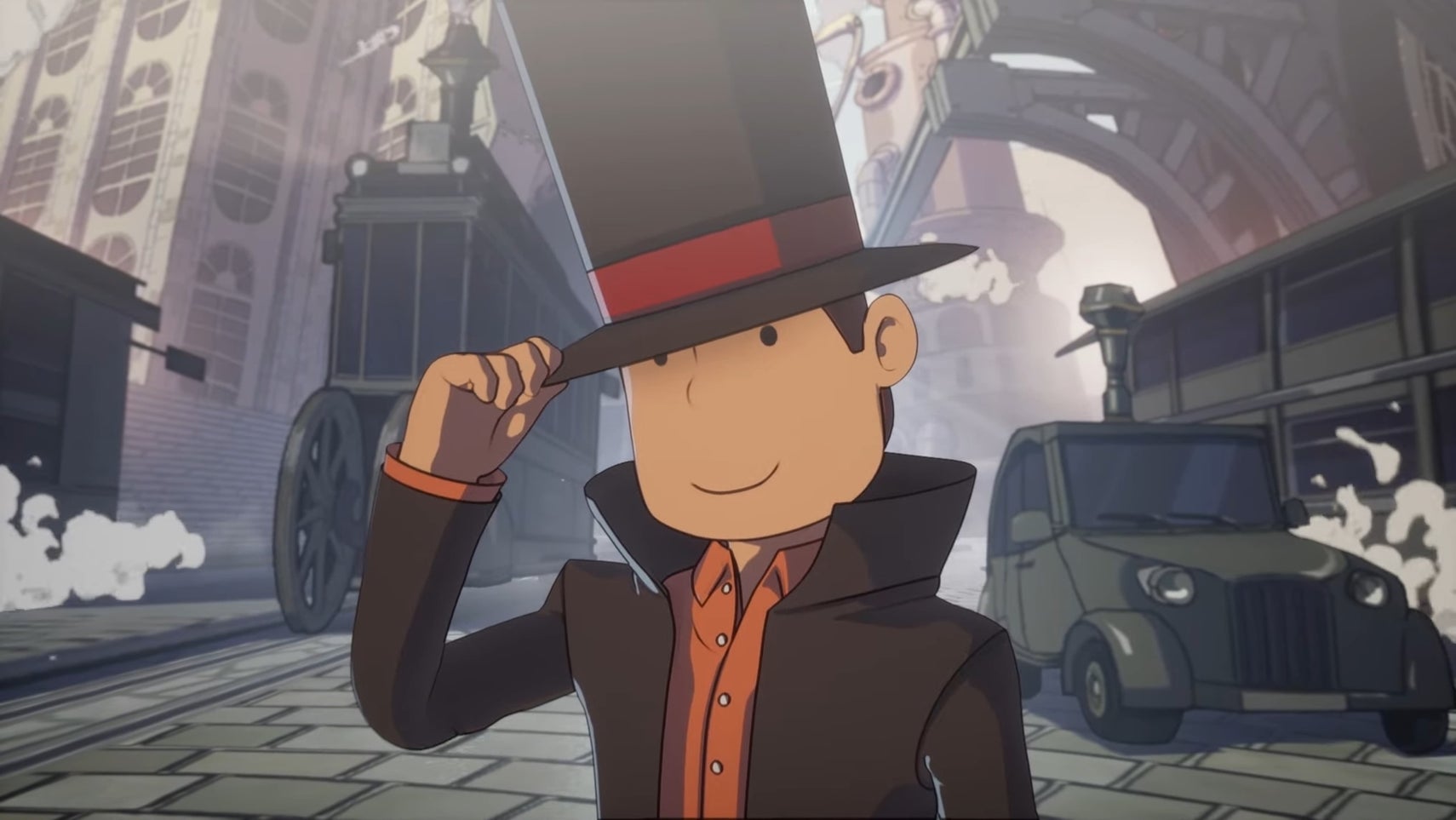 Professor Layton in a cutscene of New World of Steam