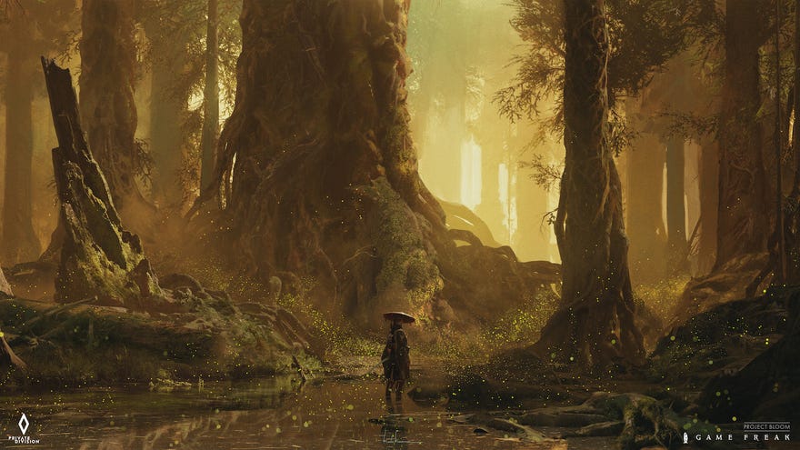 Shadowy figure stands in the middle of the woods in concept art for Project Bloom