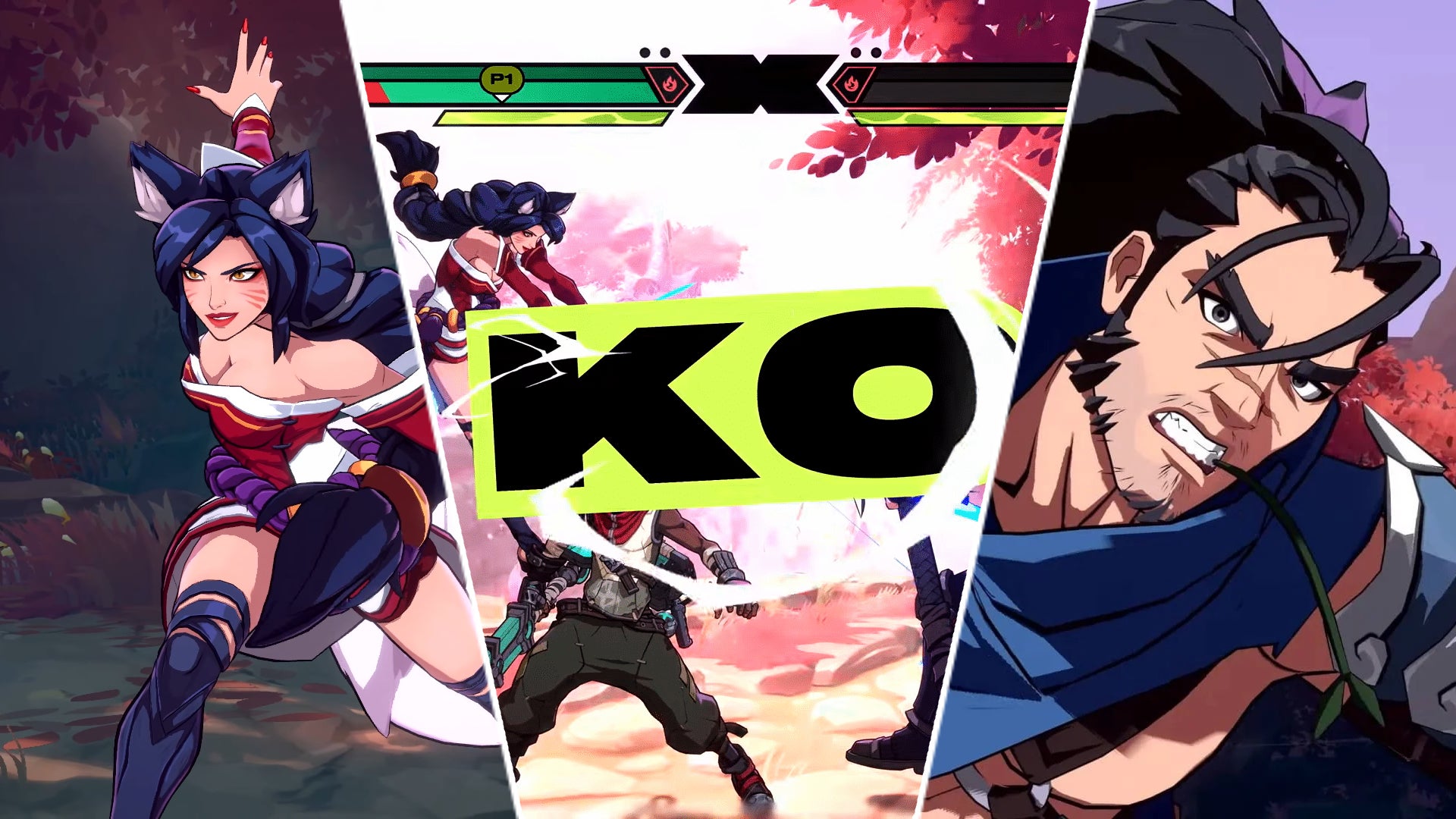 Two characters from Project L flank a big KO, taken from the game's UI. - 1
