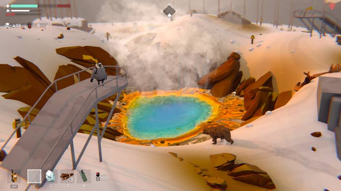 A possible traitor stands above a pretty sulphuric pool and a bear