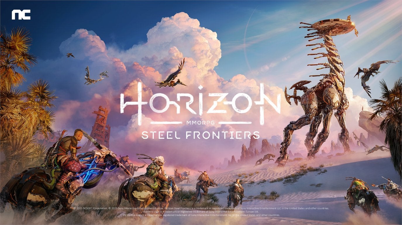 Promo image for Horizon Steel Frontiers showing several humans on the backs of machines riding through a desert landscape with a Tallneck in the distance
