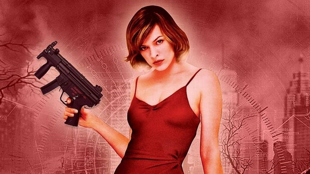 Promo image from original Resident Evil film showing a female with shoulder length hair in a red dress holding a gun