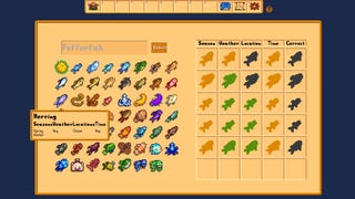 Stardew Valley's 55 fish laid out on the right, while a Wordle-like guess sheet sits on the right.