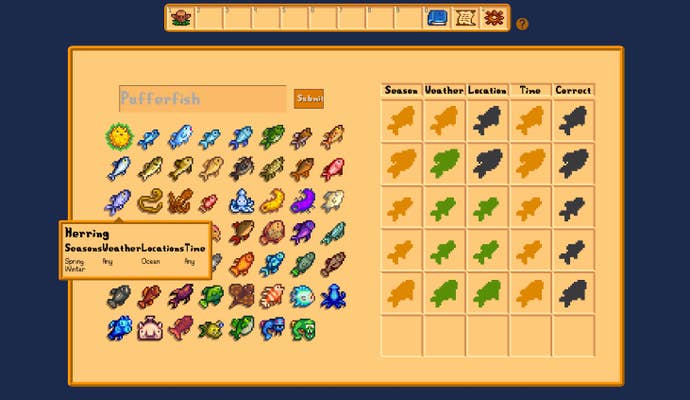 Stardew Valley’s 55 fish laid out on the right, while a Wordle-like guess sheet sits on the right.