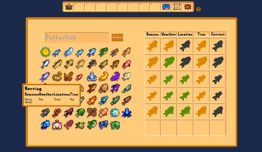 Stardew Valley's 55 fish laid out on the right, while a Wordle-like guess sheet sits on the right.