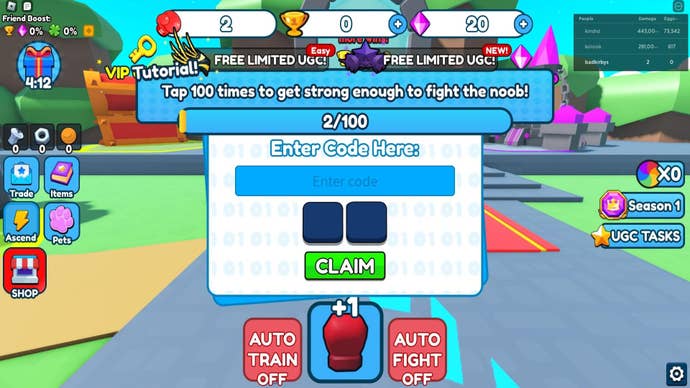 The player uses the redeem code menu in Punch Simulator in Roblox