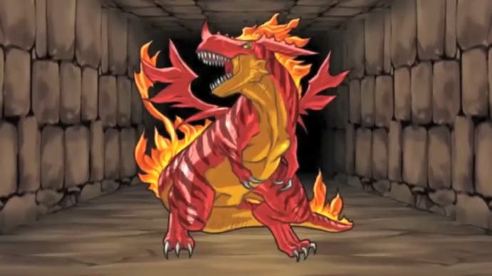 bitcoins Puzzle & Dragons screenshot showing art of a fiery T-Rex-like dragon