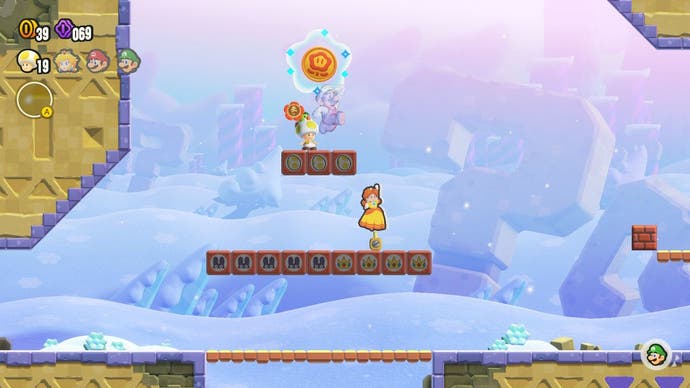 Yellow Toad hits hidden platforms to reach a reward in the Puzzling Park level in Super Mario Bros Wonder