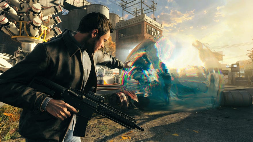 Jack Joyce throws a time bubble at an enemy while holding a rifle in the other hand in Quantum Break