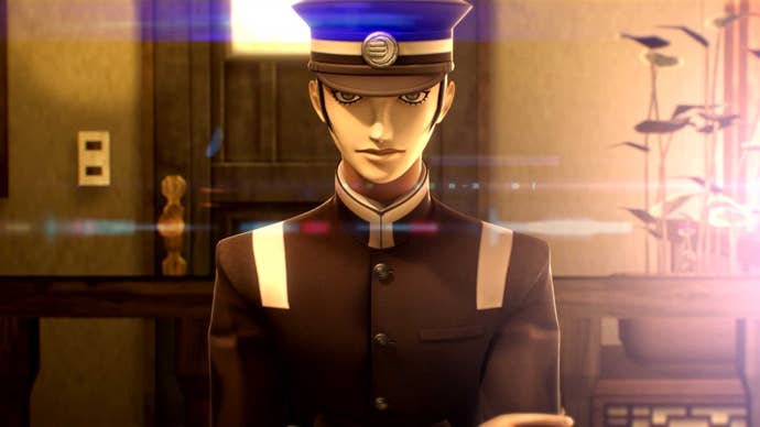 Raidou Kuzunohoa the 14th stares into the camera, dressed in a smart hat, military uniform, decorated with lens flare.