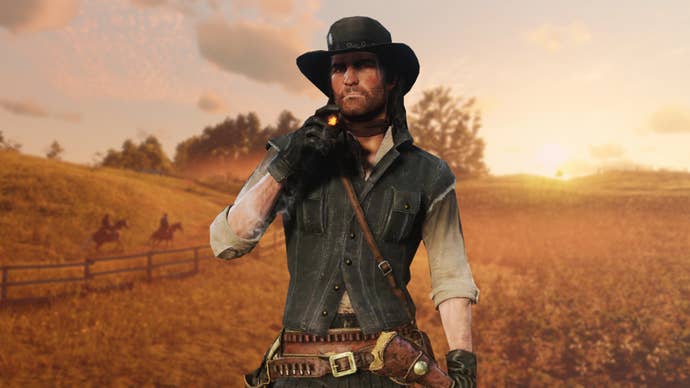 John Marston dressed in his original Red Ded Redemption outfit in Red Dead Redemption 2.