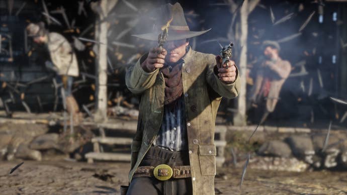 Arthur dual-wields two revolvers and points towards the camera in Red Dead Redemption 2