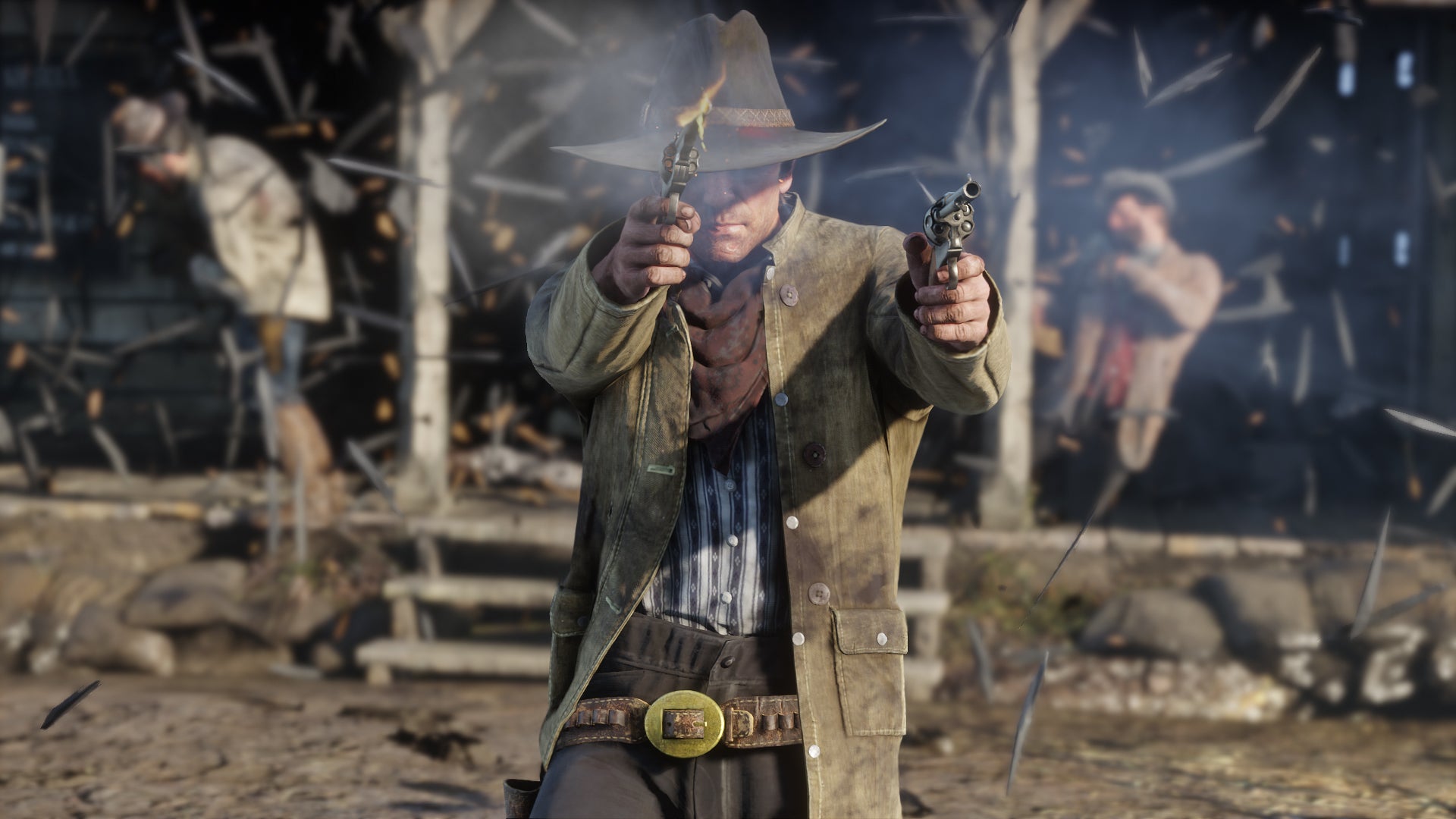 Arthur dual-wields two revolvers and points towards the camera in Red Dead Redemption 2 - 1