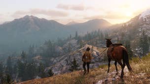 Arthur stands with his horse near a cliff-edge looking over the wild west in Red Dead Redemption 2