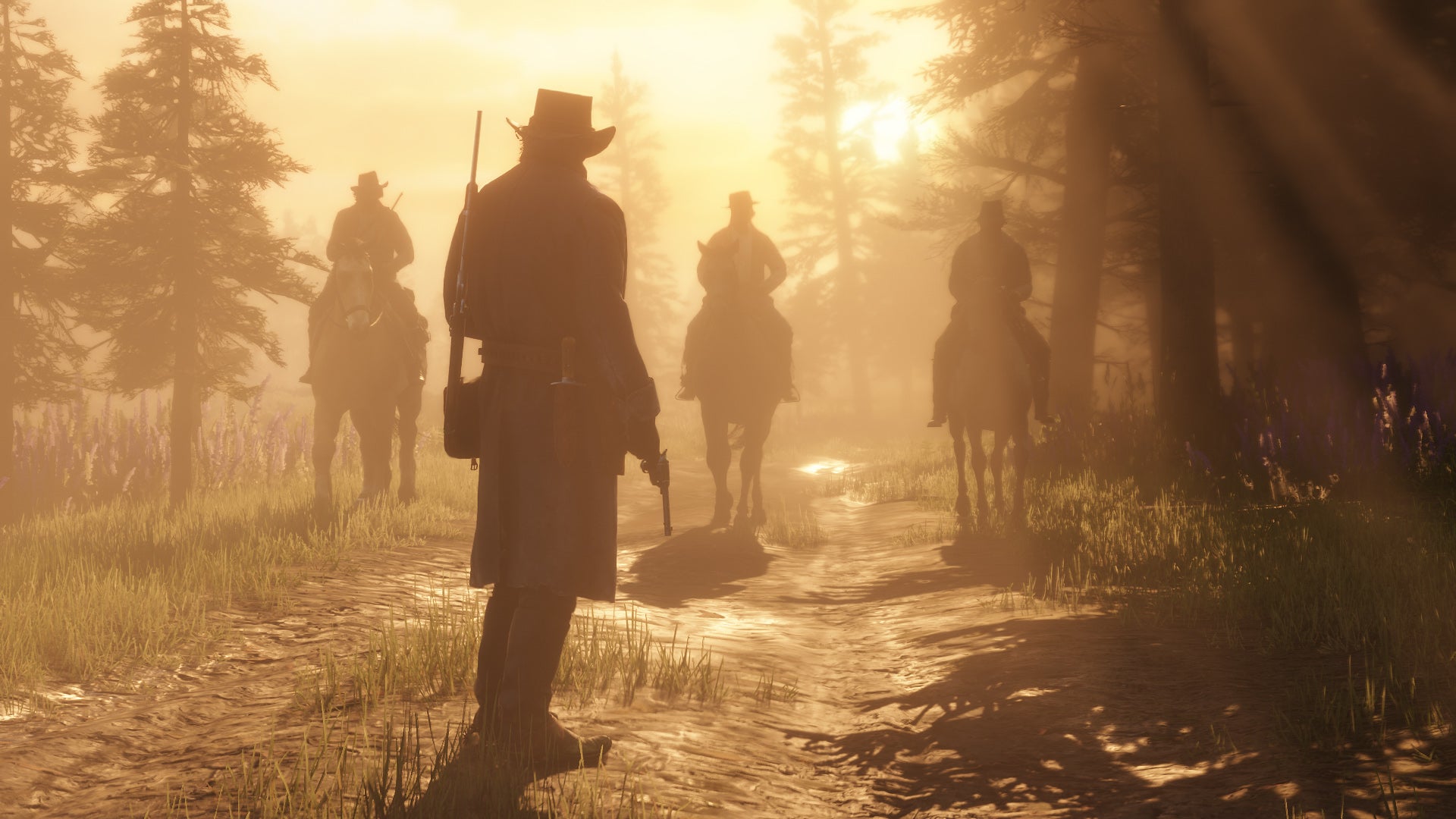 Arthur's silhouette is shown facing three men on horseback in Red Dead Redemption 2 - 1