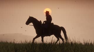 Arthur rides on horseback through the sunset in Red Dead Redemption 2