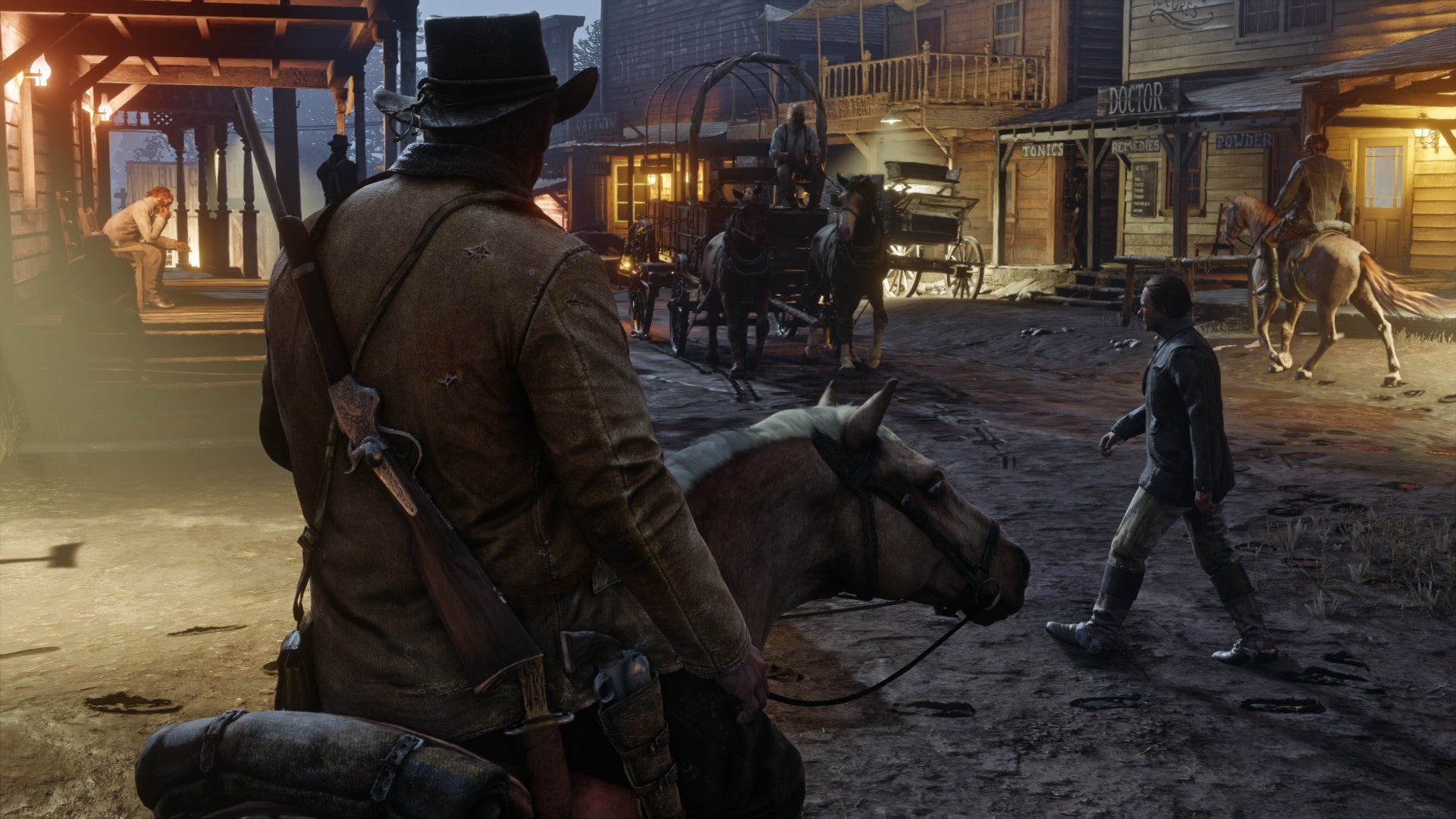 Arthur rides his horse in one of Red Dead Redemption 2's small towns - 1