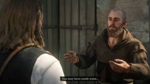Arthur Morgan speaks to monk, Brother Dorkins, on a street corner in Red Dead Redemption 2's Saint Denis