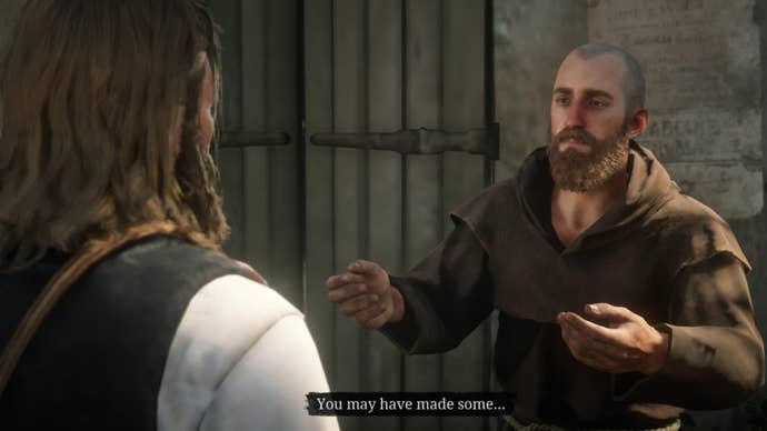 Arthur Morgan speaks to monk, Brother Dorkins, on a street corner in Red Dead Redemption 2’s Saint Denis