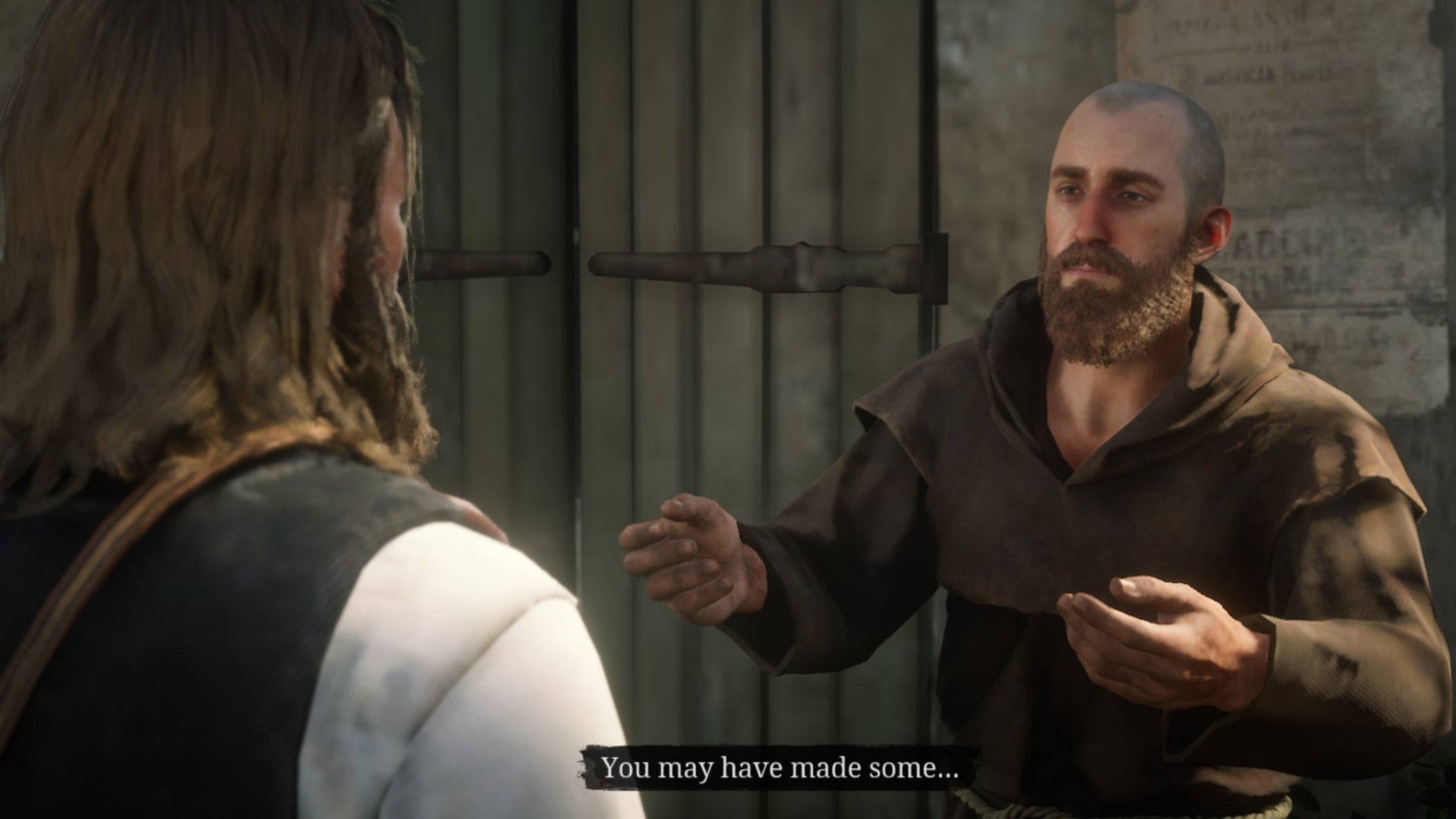 Arthur Morgan speaks to monk, Brother Dorkins, on a street corner in Red Dead Redemption 2's Saint Denis - 1