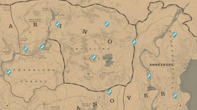 A screenshot of the Red Dead Redemption 2 map that shows the locations of all Dinosaur Bones around Grizzlies East and Annesburg