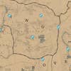 A screenshot of the Red Dead Redemption 2 map that shows the locations of all Dinosaur Bones around Grizzlies East and Annesburg