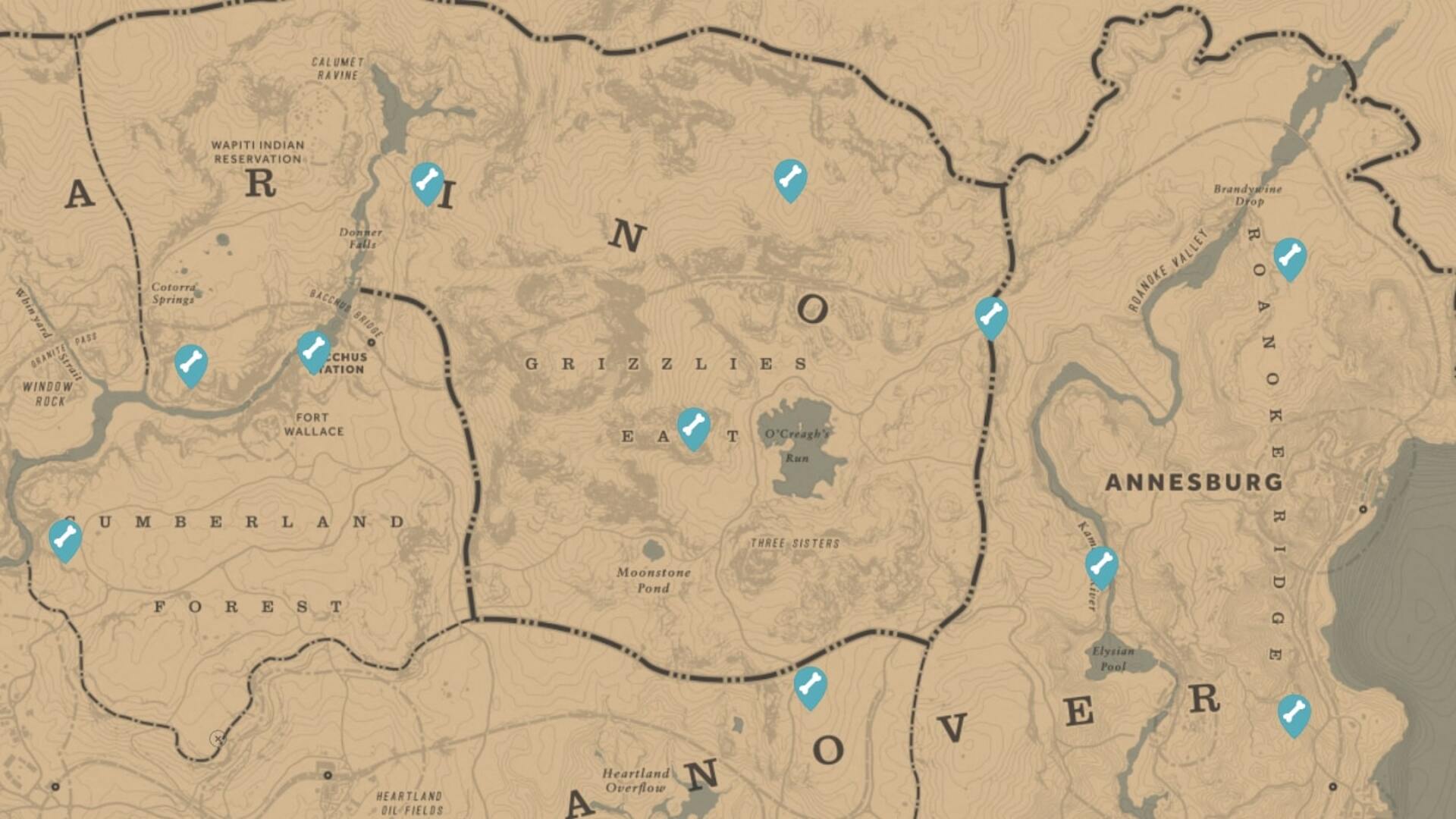 A screenshot of the Red Dead Redemption 2 map that shows the locations of all Dinosaur Bones around Grizzlies East and Annesburg - 6