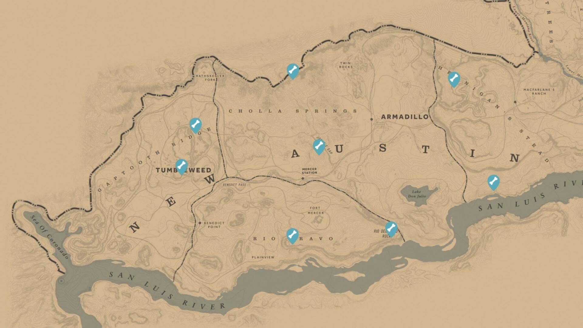 A screenshot of the Red Dead Redemption 2 map that shows the locations of all Dinosaur Bones around New Austin - 4