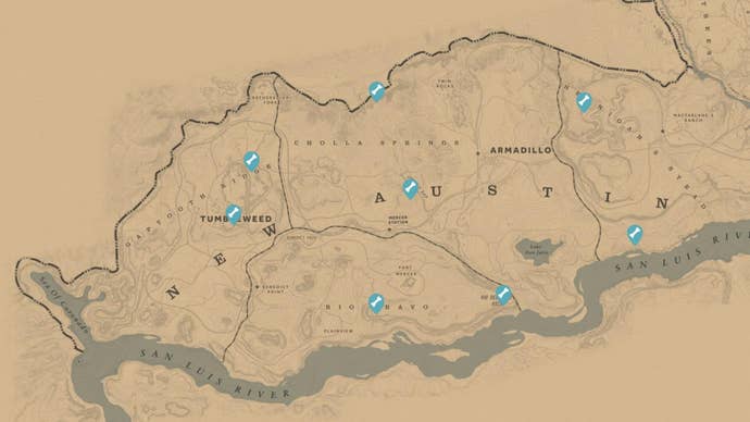 A screenshot of the Red Dead Redemption 2 map that shows the locations of all Dinosaur Bones around New Austin