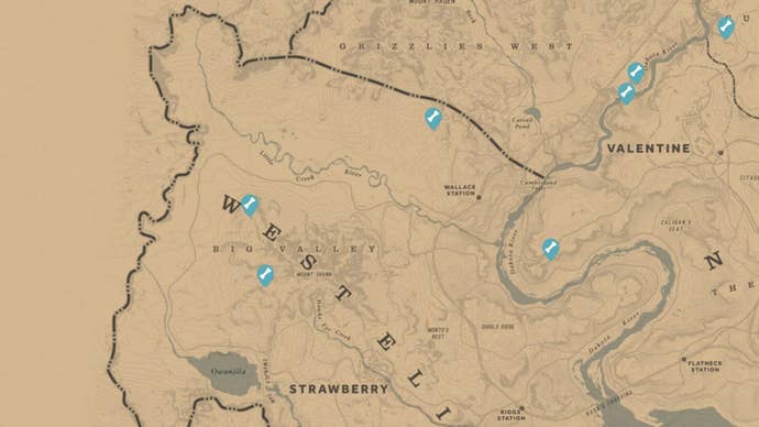 A screenshot of the Red Dead Redemption 2 map that shows the locations of all Dinosaur Bones around Strawberry and Valentine