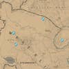 A screenshot of the Red Dead Redemption 2 map that shows the locations of all Dinosaur Bones around Strawberry and Valentine