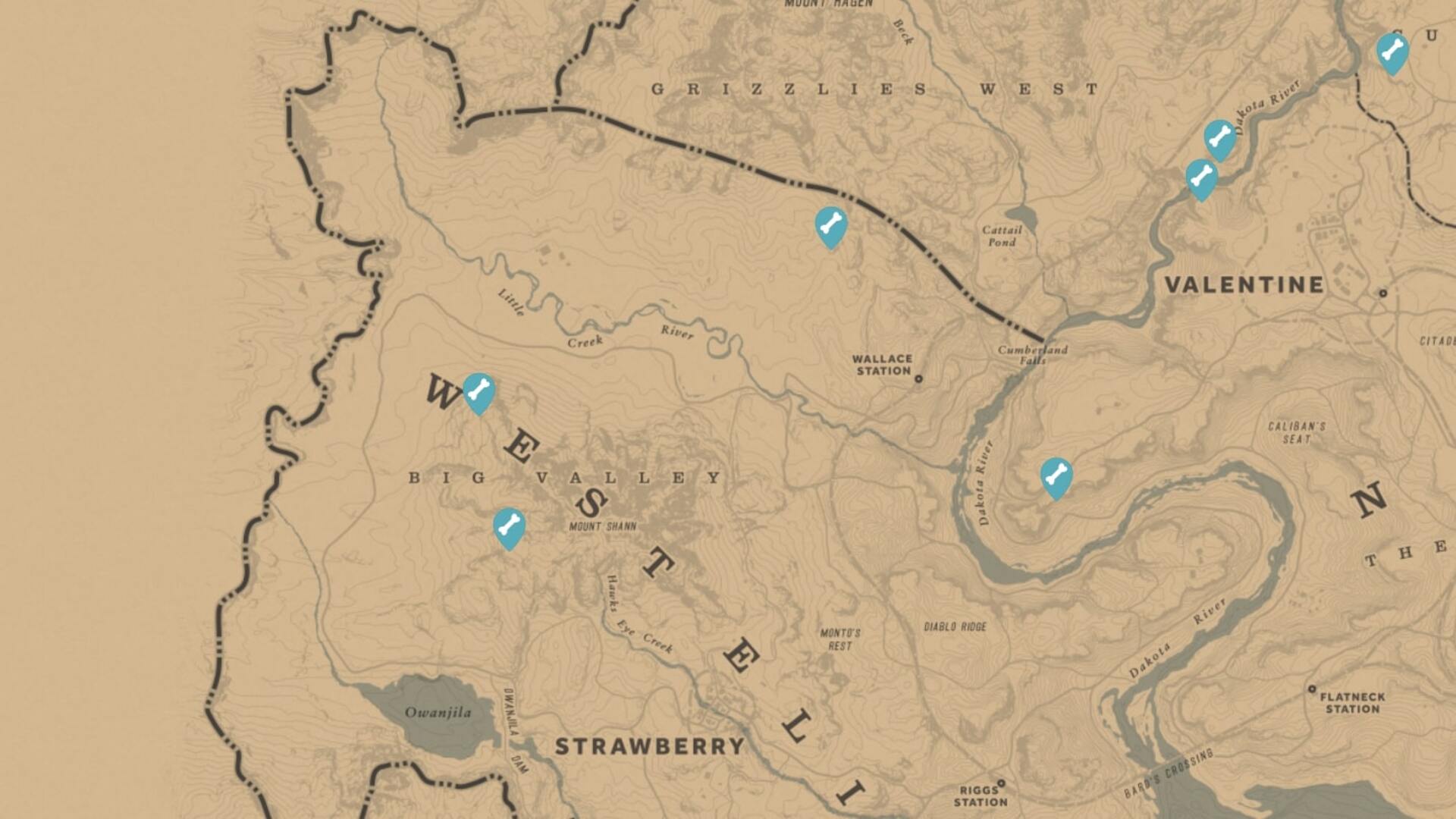 A screenshot of the Red Dead Redemption 2 map that shows the locations of all Dinosaur Bones around Strawberry and Valentine - 5